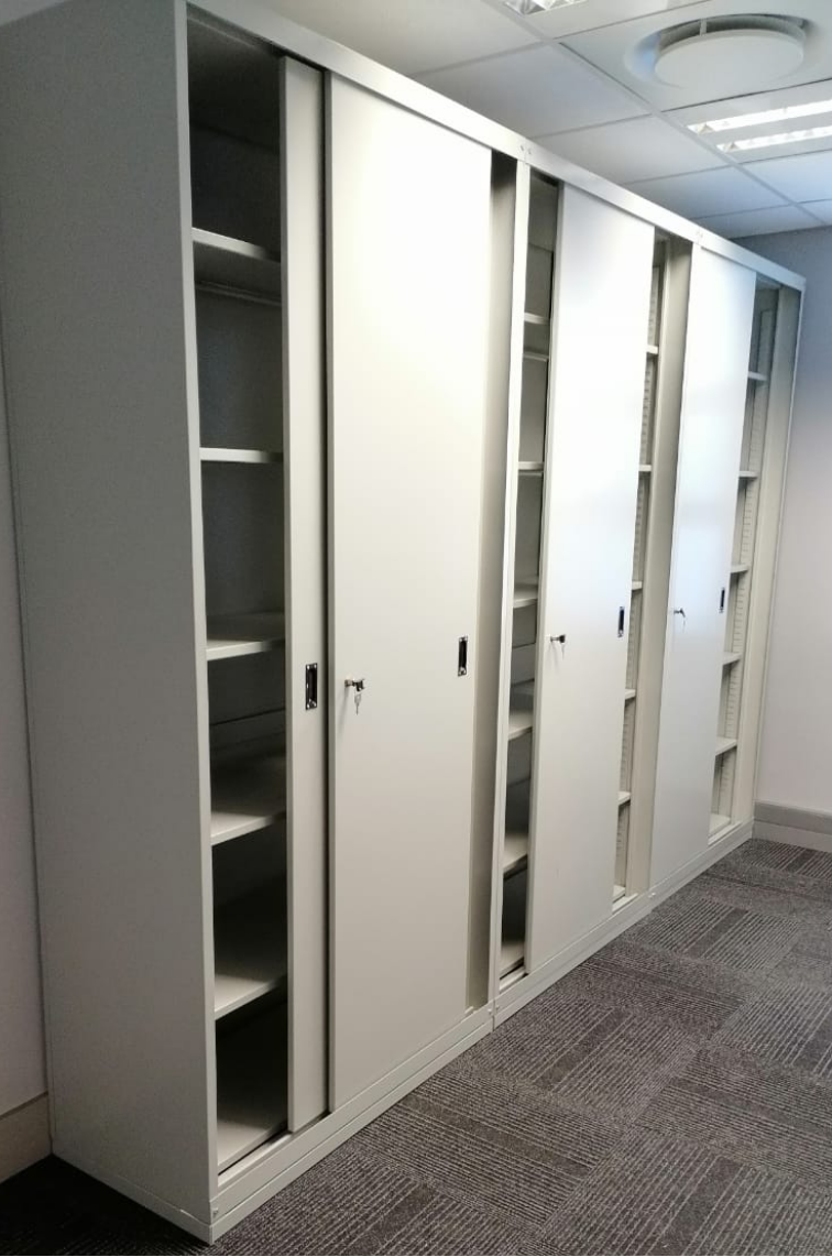 Steel sliding doors powder coated light grey