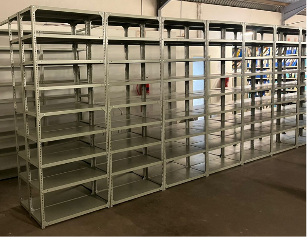 bolted shelving installed in a warehouse