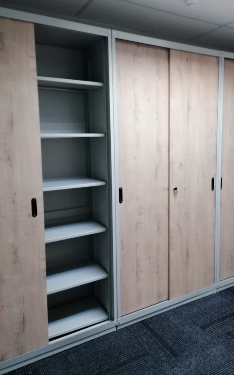 Steel sliding door cabinets with wooden doors